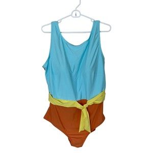 lands’ End Swimsuit One Piece Waist Tie Sz 22 xtra life blue orange NWT